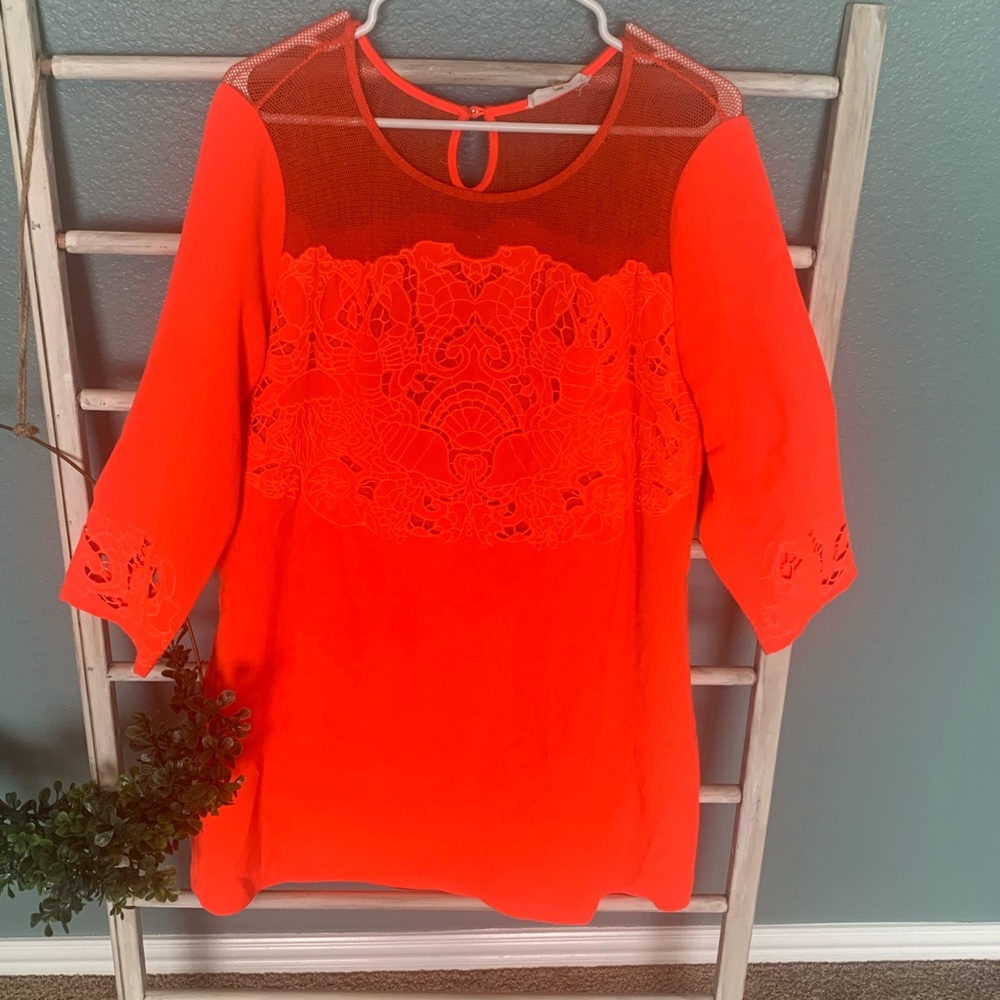 Bright Orange Shift Dress, lace/mesh details, L